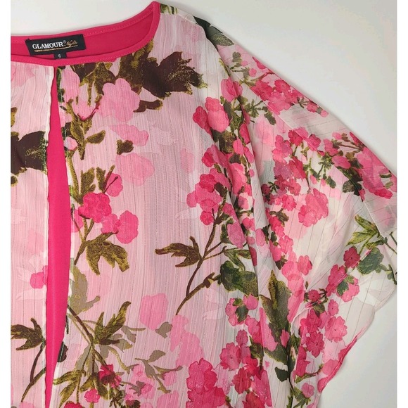 Glamour Nights Pink Floral Overlay Dress Sz 6 Chiffon Gold Shimmer Midi Unique - Picture 5 of 5